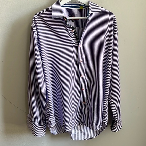 Robert Graham X Casual Button Down Shirt Striped Flip Cuff Size Large Purple - Picture 1 of 9